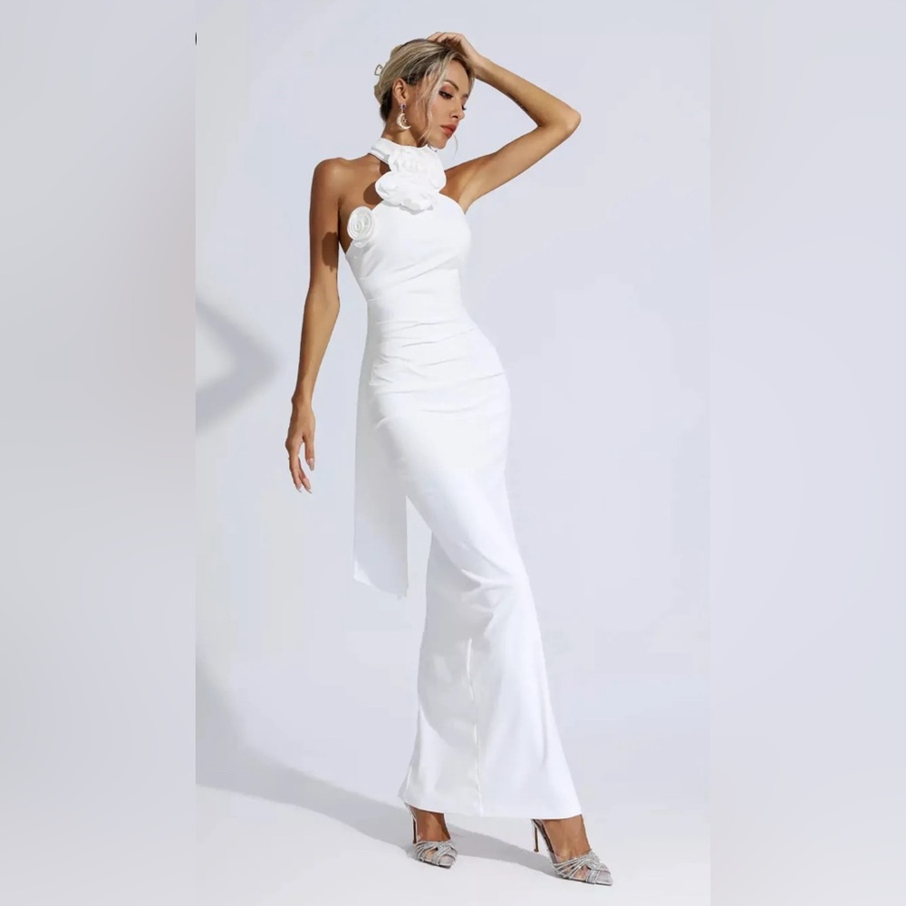 BRAND NEW! White Floral Ruched Halter Maxi Dress
